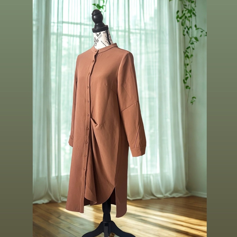 Brown Asymmetrical Midi Shirt Dress with Cuffed Sleeves